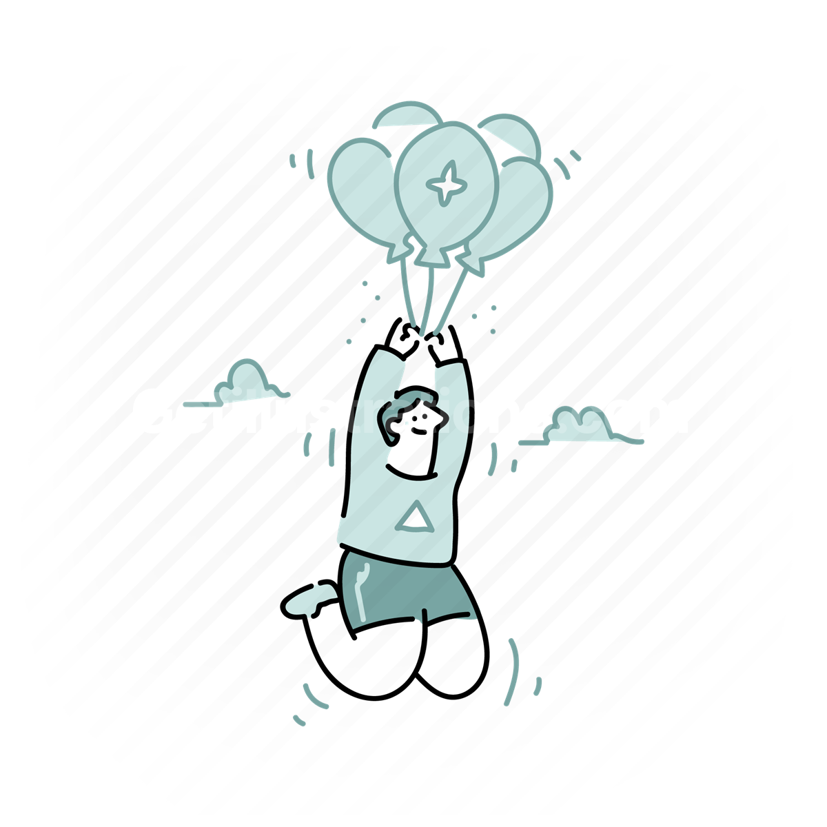 balloon, float, carry, man, cloud, sky